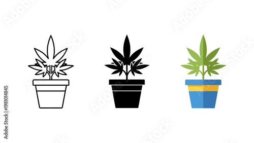 Three potted cannabis plant icons in outline, silhouette, and a colorful green and blue design.
