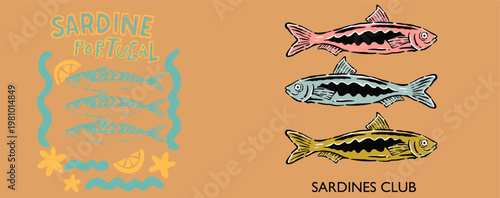Sardine Portugal fish artwork. Seafood t shirt design. Original sea food. Sardines club artwork. Vintage fish graphic for poster and stickers.
