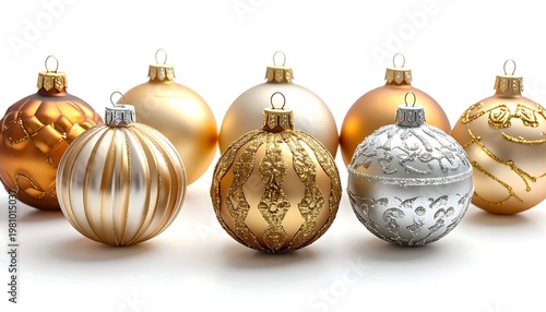 A row of ornamental spheres with textured and shiny finishes in shades of gold and silver against a white backdrop