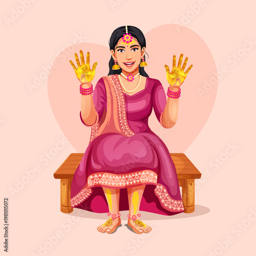 Vector of an Indian Wedding bride in colorful, glamorous traditional attire: lehenga choli. Cultural wedding ritual pre-marriage tradition
