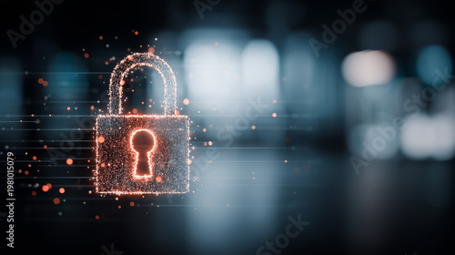 Glowing padlock symbol made of particles representing digital security, privacy protection and secure data access.
