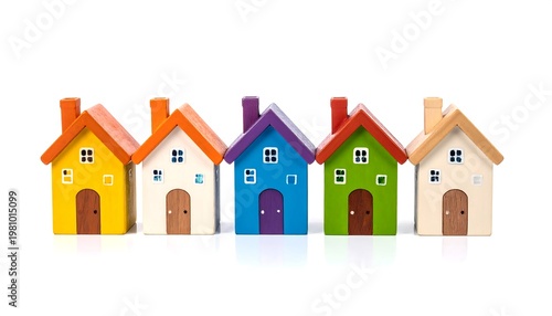 A row of five colorful wooden miniature houses with doors, windows, and chimneys against a white background, suggesting a real estate concept