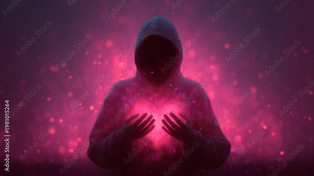 Fototapeta premium hooded silhouette holding glowing heart in dark atmosphere emotional concept of love compassion vulnerability and inner light