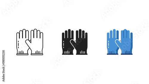 Three pairs of gloves icons in outline, silhouette, and a bright blue and white design for protection.