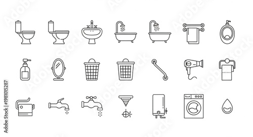 Collection of bathroom icons hand drawn sketch style.