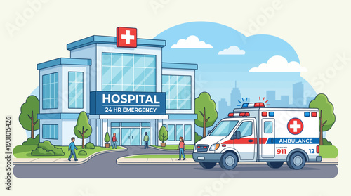 Hospital and Ambulance Vector Illustration Emergency Healthcare Concept