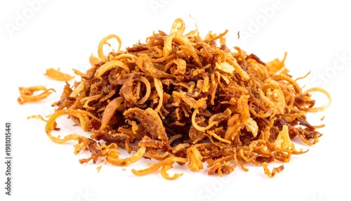 A pile of crispy, golden-brown fried onion pieces, scattered loosely atop a bright white background. Close-up detail