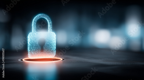 Padlock icon made of digital particles above a secure surface representing cyber security, encrypted access and modern data protection systems.

