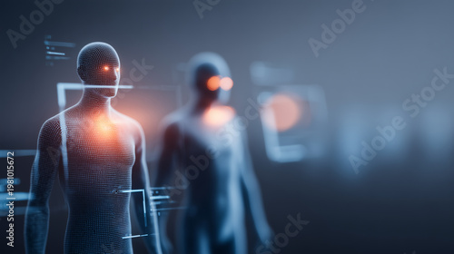 Digital human figures with highlighted biometric points to represent identity recognition, person tracking and advanced authentication technology.
