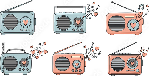 Retro Radios with Heart Symbols and Music Notes for Vintage Audio and Music Illustration