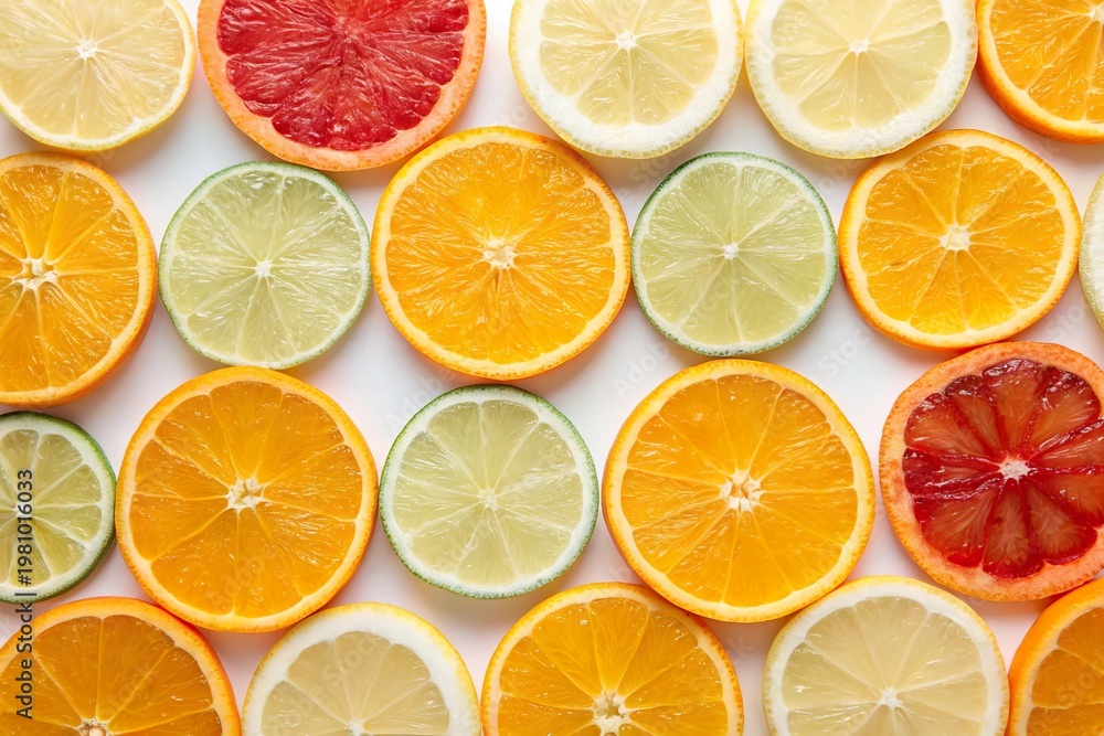 Obraz premium Vibrant assortment of citrus fruit slices displayed in a colorful arrangement on a white background