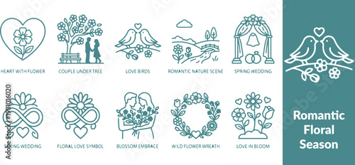 Spring Love Nature Line Icons – Romantic Floral Season