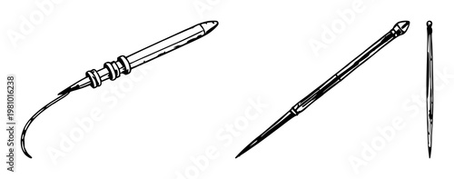 Bodkin needle set with rough sketchy art featuring medical instrument, sewing tool, threading device with white background and detailed line illustration