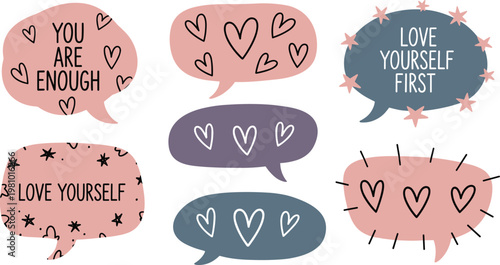 Self-Love Inspirational Speech Bubbles with Heart Symbols for Motivational and Positive Messaging Illustration