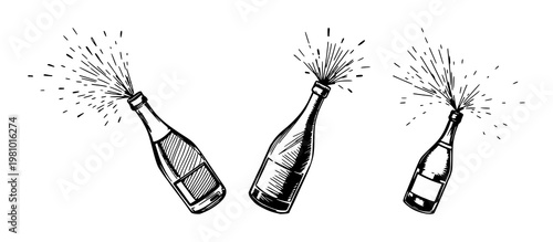 Champagne bottle popping set with rough sketchy line art design featuring sparkling, bubbly, celebratory with spray bursting and white background