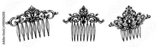 Hair comb set with rough sketchy art design featuring ornate, silver, and decorative elements with vintage style and accessory details