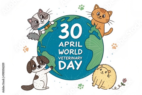 Cute cartoon animals including cats a dog and a hedgehog gathered around a blue globe representing the world to celebrate the important thirtieth of April as international veterinary day highlighting 