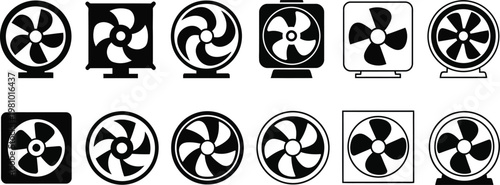 A collection of black and white icons depicting various types of fans, including circular and square designs with different blade configurations.