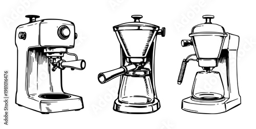 Vintage espresso machine portafilter set with rough sketchy art on white background featuring espresso machine, portafilter, vintage, sketch, illustration with coffee and black and white and line art
