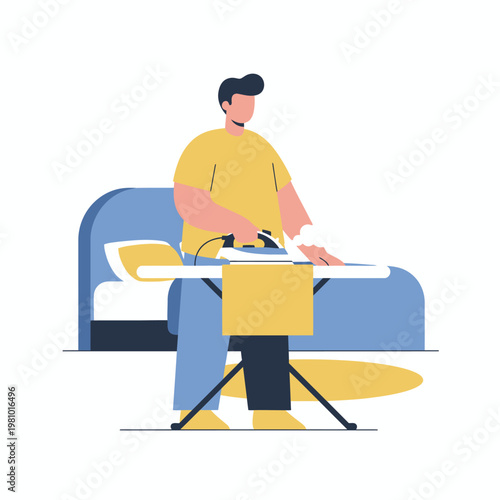 Person ironing clothes at home on a portable ironing board.