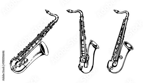 Jazz saxophones set with sketchy black ink illustration featuring vintage, line art, monochrome, stylized and expressive with silhouette and graphic detail