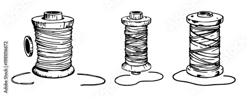 Wooden spool set with rough sketchy line art illustration featuring wooden spool, frayed thread, stitching with brown and light brown tones