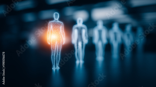 Wireframe human figure with a highlighted torso illustrating health monitoring medical diagnostics and digital patient analysis.
