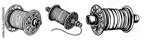 Sewing bobbin set with realistic line art design featuring thread, needlework, spool with embroidery and tailor supplies