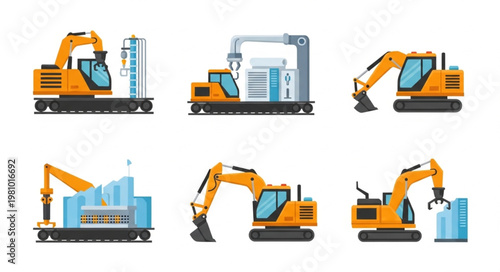 Construction Excavator Machines Performing Various Tasks.