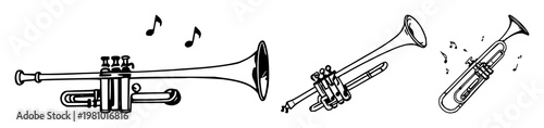 Jazz age trumpet set with sketchy black line art and music notes featuring trumpet, music notation, jazz instruments with brass and vintage era