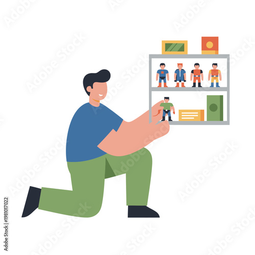 Person kneeling presenting display shelf with miniature figures.