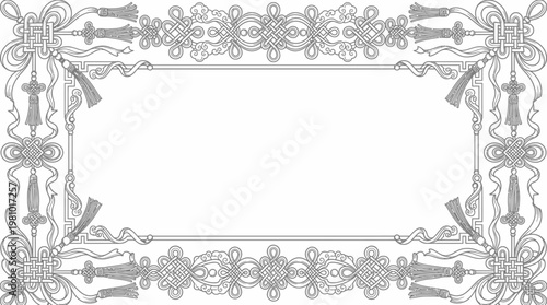 Detailed Traditional Asian Frame with Intricate Knotwork and Decorative Tassels on Isolated White Background