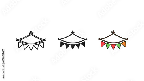 A festive banner of triangular flags is depicted in outline, solid black, and a colorful version with red, green, and orange flags.