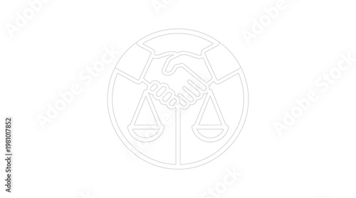 Justice Circle Icon: The image features a minimalistic justice icon, with a handshake encircled above scales, it symbolizes unity and fairness.