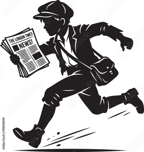 Victorian Era Newsboy Running and Holding Newspaper Silhouette Classic Historical Street Vendor Concept Minimalist Black Vector Art for Media History Retro Journalism and Vintage Style Graphic Design 