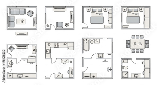 Collection of eight different floor plan layouts for homes.