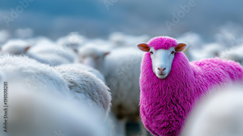Bold pink sheep standing apart from a white flock, authenticity and breaking conformity concept, inclusive diversity marketing, millennial branding and storytelling, with copy