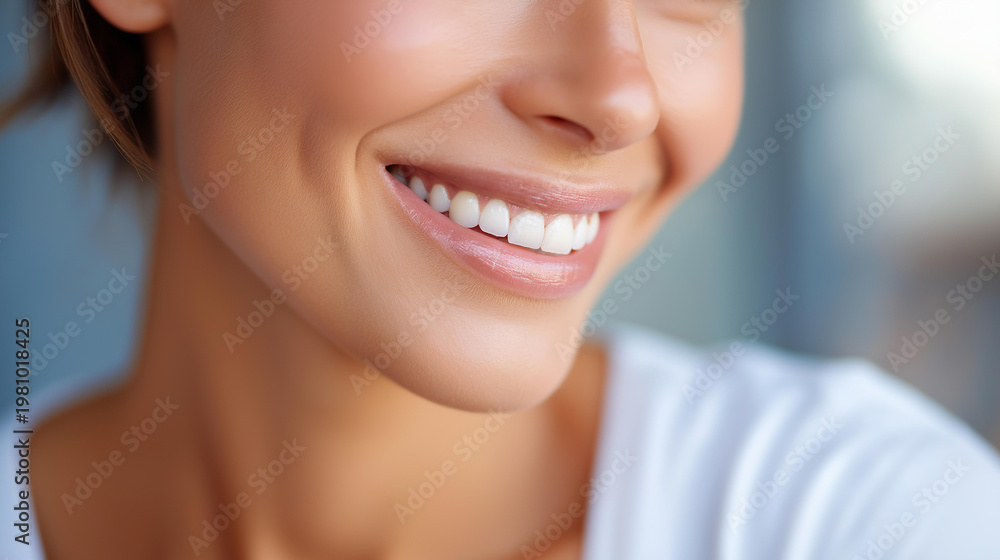 Obraz premium Hyper-realistic close-up of a genuine warm smile, authenticity and kindness concept, memorable first impression visualization, with copy space