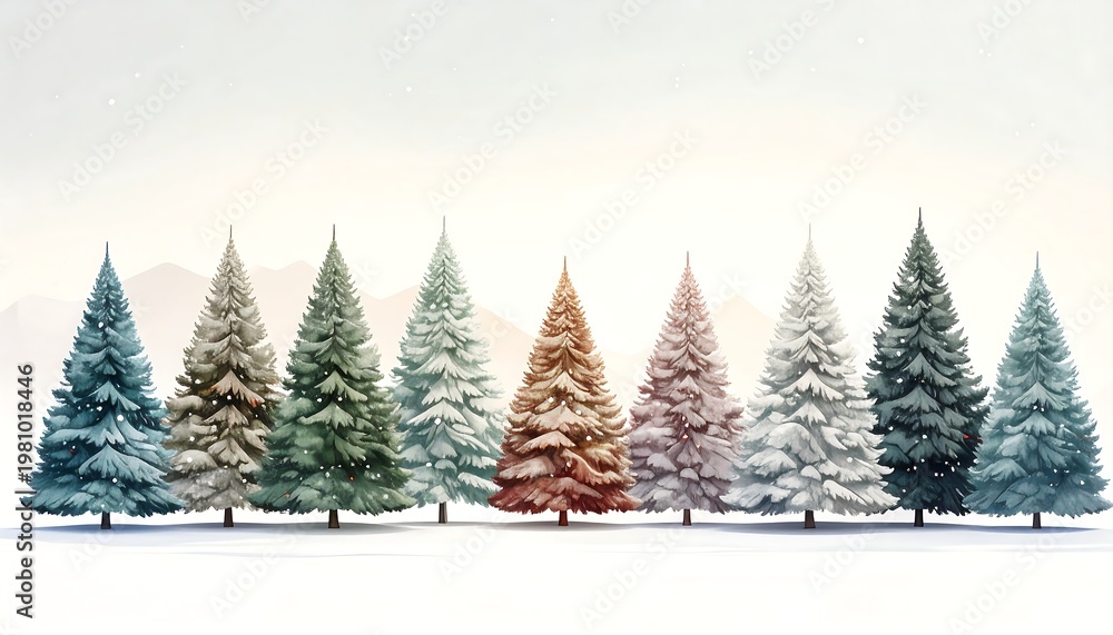 Obraz premium A row of stylized fir trees in varying colors against a soft, snowy backdrop and distant mountains