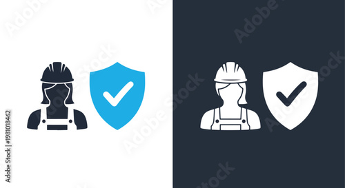 Female engineer safety verified vector - Blue icon set - Modern style icon  - Glyph and solid icon set - Icon vector