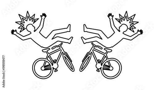 Bicycle accident line art vector, stick figure falling off bike illustration, cycling crash and injury concept, black and white outline icon