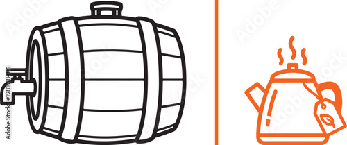 Minimalist vector line art icons of a wooden barrel with tap and a steaming teapot with tea bag for beverage branding