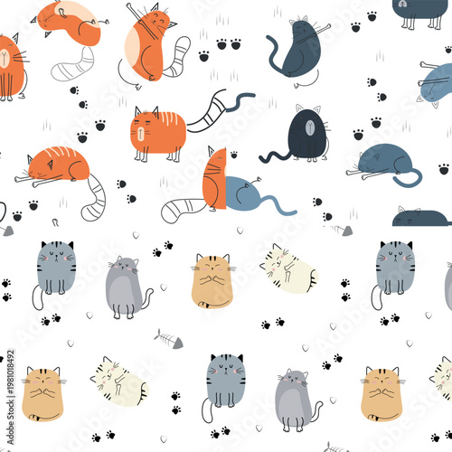 A set of patterns for children's textiles. Abstract gray and red cats.