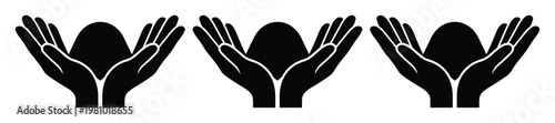 Minimalist cupped hands icon set, black silhouette open palms holding invisible object, 3 vector hand gestures for charity and care concepts