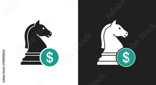 Chess knight with dollar sign icon - Minimalist, flat icon, outline, glyph, linear, clipart, sticker - icon set