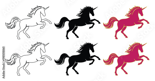 Mythical unicorn silhouette collection, 6 vector fantasy horse icons, rearing unicorn line art and solid black shapes, pink and gold magical creature set