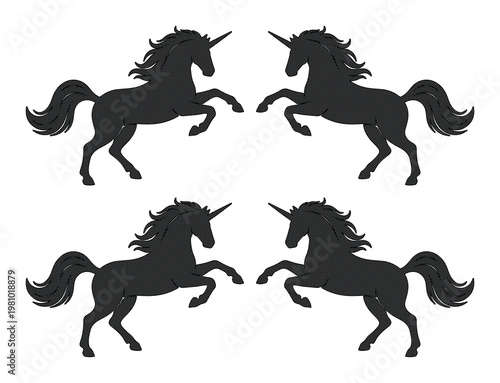 Black unicorn silhouette set, rearing mythical horse icons, 4 vector elements of magical creatures for fantasy graphic design and heraldry