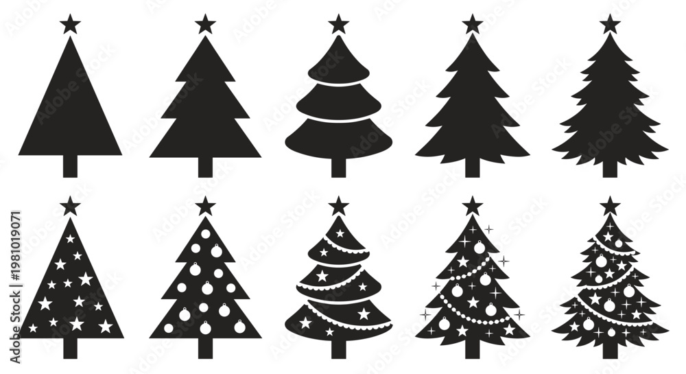 Obraz premium Christmas Tree Icon Set Minimalist Black Silhouette Vector Illustration for Winter Holiday Decoration and Greeting Cards
