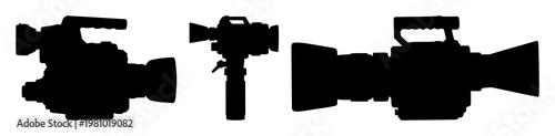 Video camera set with black silhouette on white background featuring black silhouette, white background, video recording with electronics and camera lens