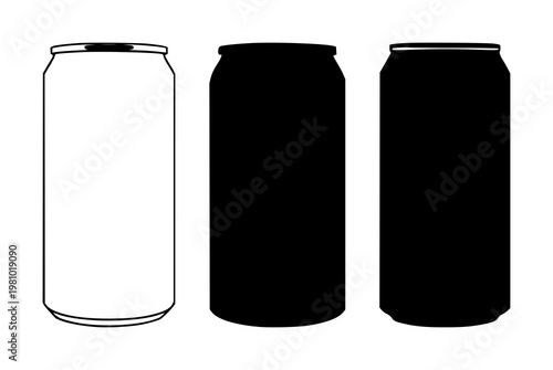 Soda can set with black silhouette against white background featuring soda, beverage, can with color contrast and graphic illustration